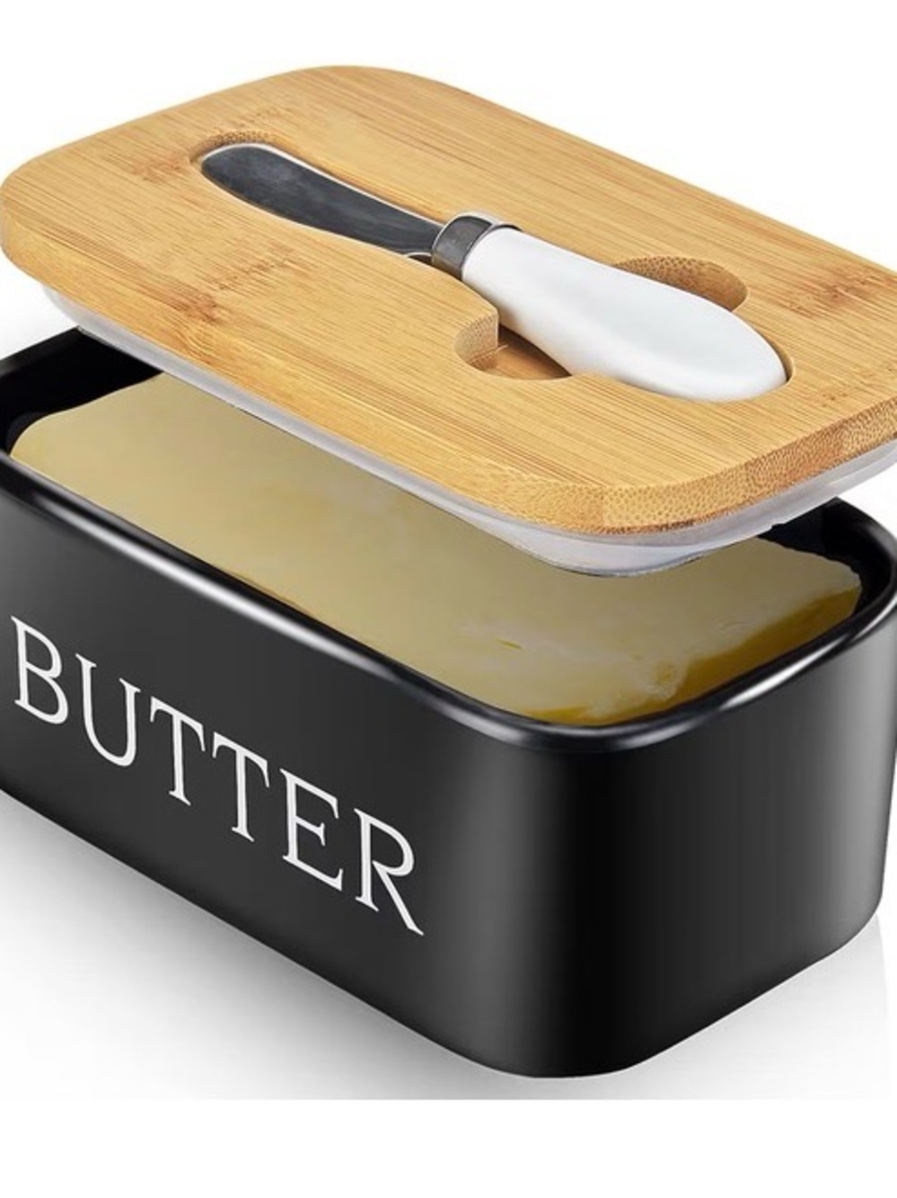 Black Ceramic Butter Dish with Bamboo Lid and Spreader